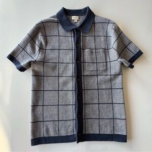 J.Crew Cotton Jacquard Short Sleeve Cardigan Sweater Polo Blue MENS SMALL
